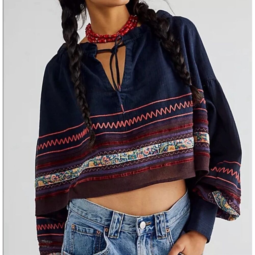We the Free People Katie Denim Top Embroidered Peasant Tie Velvet & Mesh Trim M